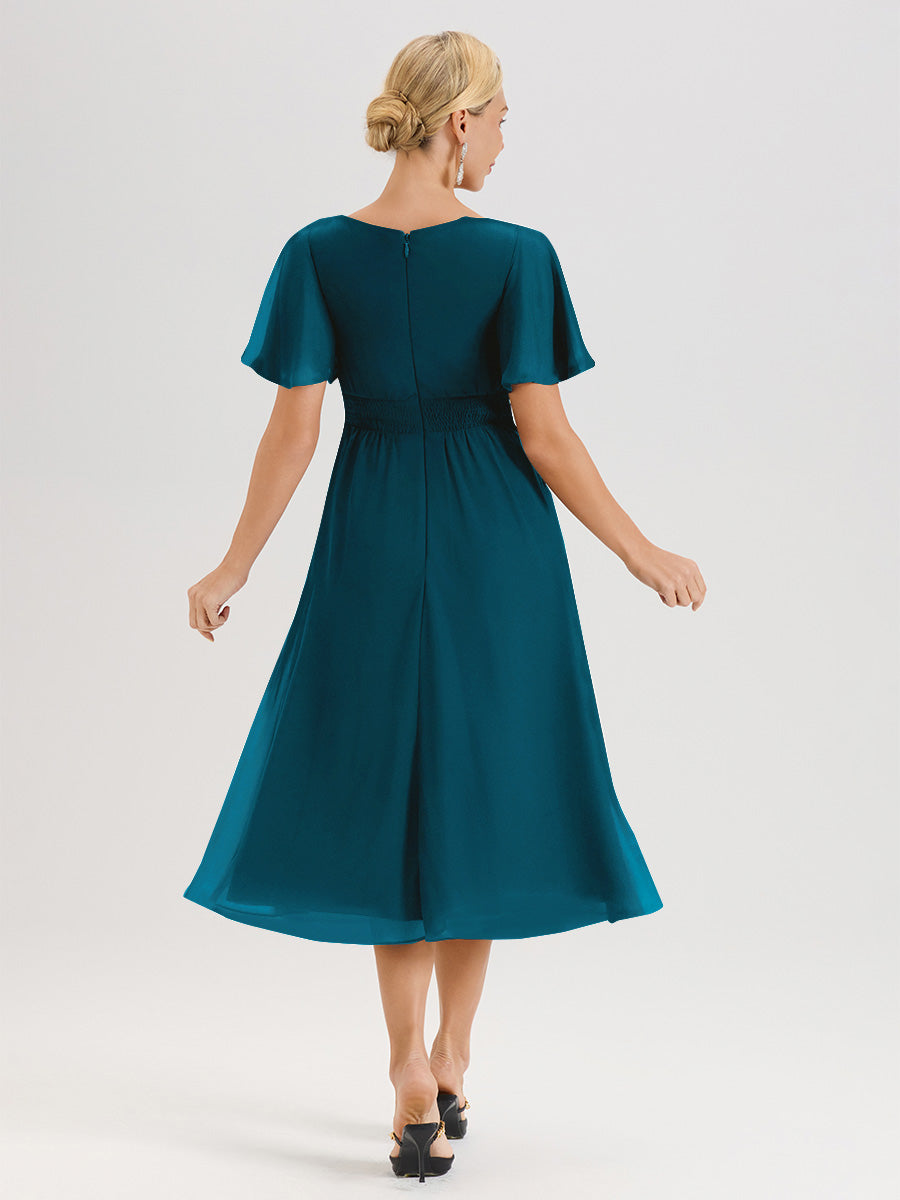 Cicinia Robe Mère De La Mariée Bleu Encre En Mousseline Avec Encolure Irrégulière Manches Courtes Longueur Mi-Mollet