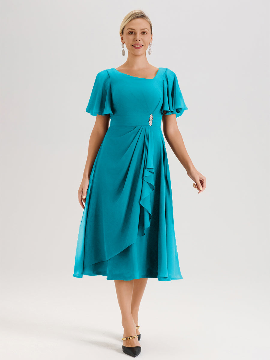 Cicinia Robe Mère De La Mariée Vert Jade En Mousseline Avec Encolure Irrégulière Manches Courtes Longueur Mi-Mollet
