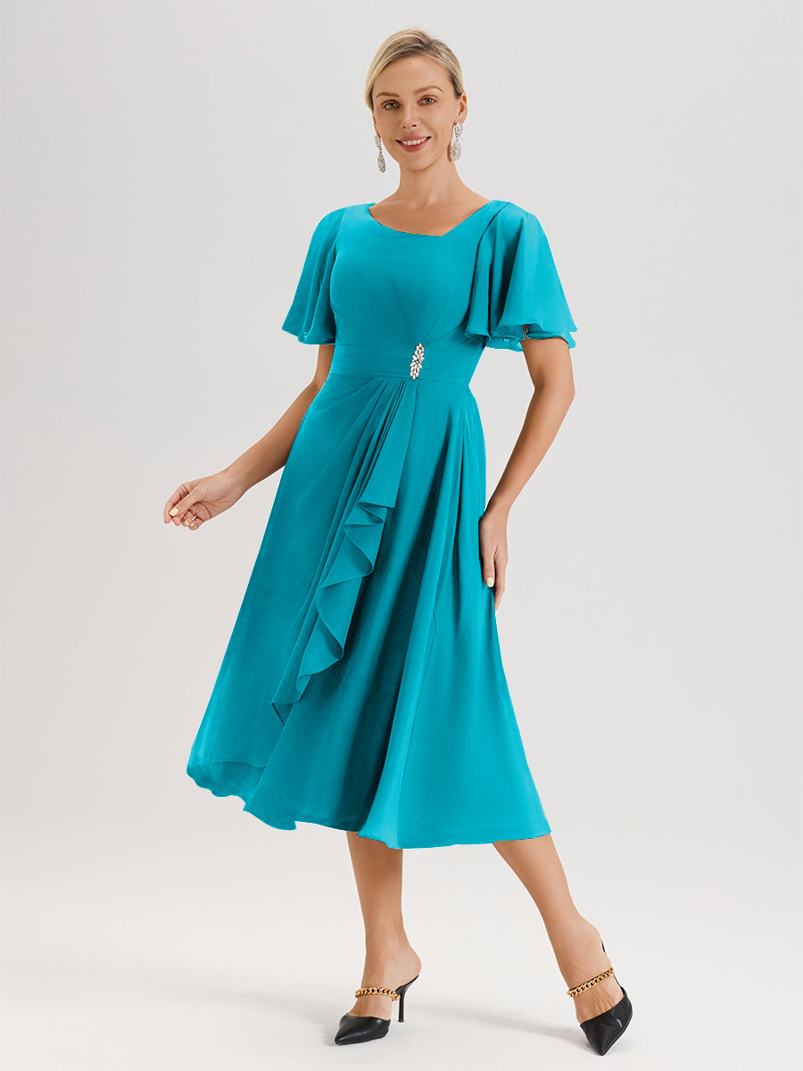 Cicinia Robe Mère De La Mariée Vert Jade En Mousseline Avec Encolure Irrégulière Manches Courtes Longueur Mi-Mollet