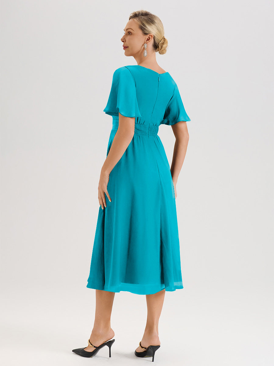 Cicinia Robe Mère De La Mariée Vert Jade En Mousseline Avec Encolure Irrégulière Manches Courtes Longueur Mi-Mollet