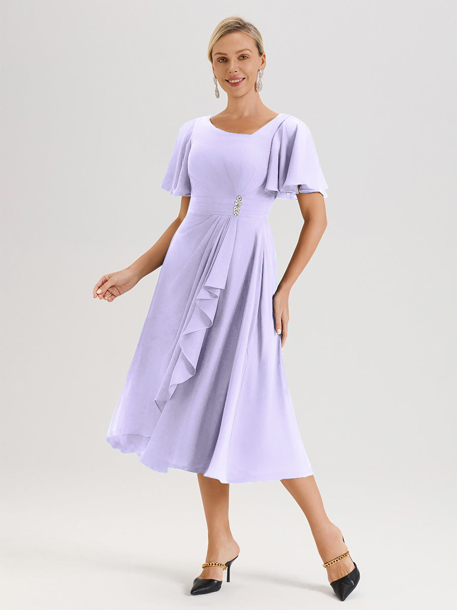 Cicinia Robe Mère De La Mariée Lilas En Mousseline Avec Encolure Irrégulière Manches Courtes Longueur Mi-Mollet