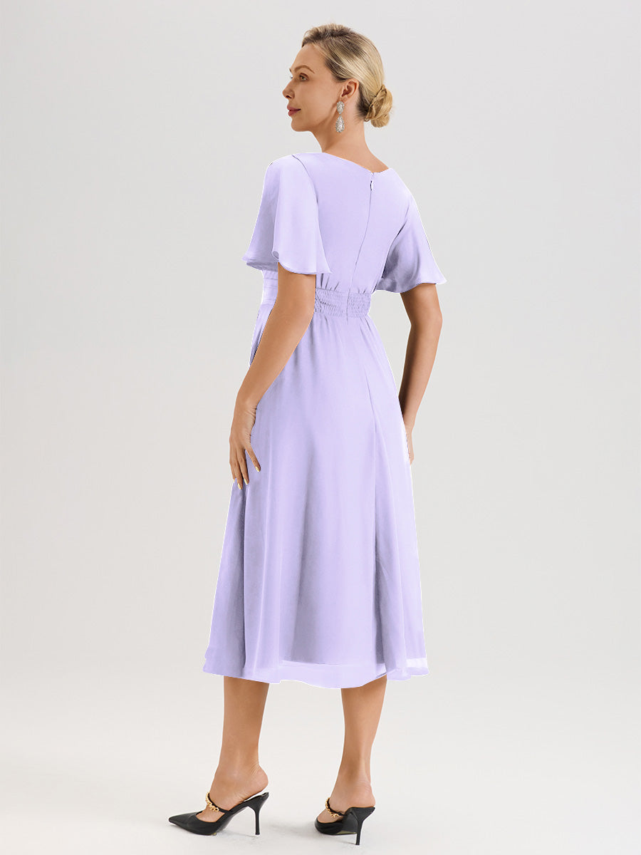 Cicinia Robe Mère De La Mariée Lilas En Mousseline Avec Encolure Irrégulière Manches Courtes Longueur Mi-Mollet