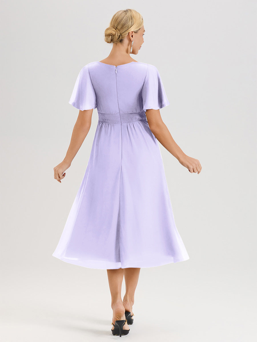 Cicinia Robe Mère De La Mariée Lilas En Mousseline Avec Encolure Irrégulière Manches Courtes Longueur Mi-Mollet