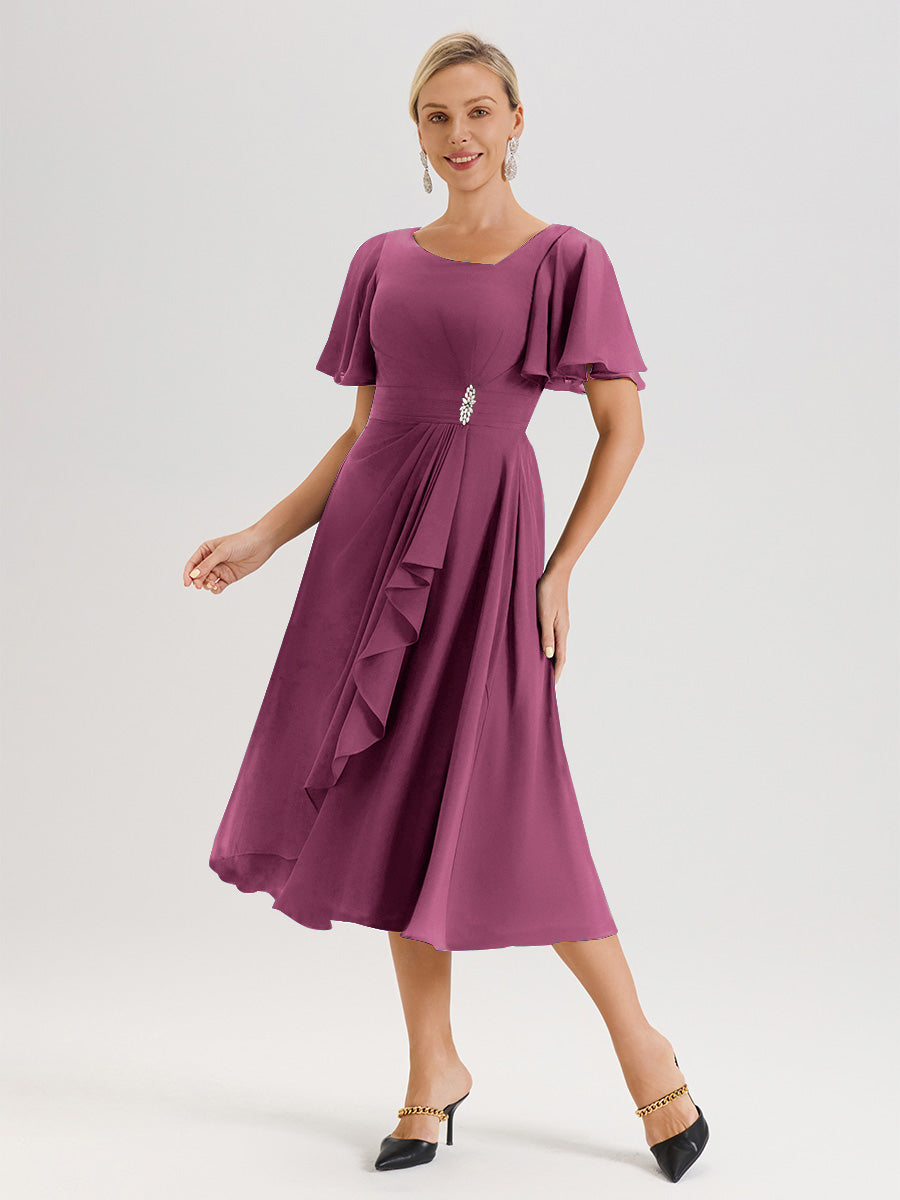 Cicinia Robe Mère De La Mariée Mûre En Mousseline Avec Encolure Irrégulière Manches Courtes Longueur Mi-Mollet