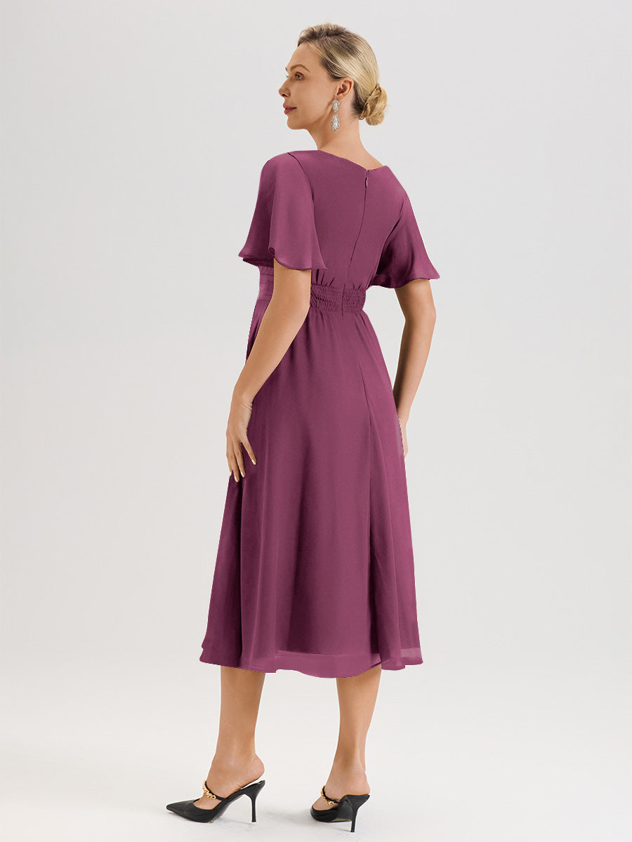 Cicinia Robe Mère De La Mariée Mûre En Mousseline Avec Encolure Irrégulière Manches Courtes Longueur Mi-Mollet