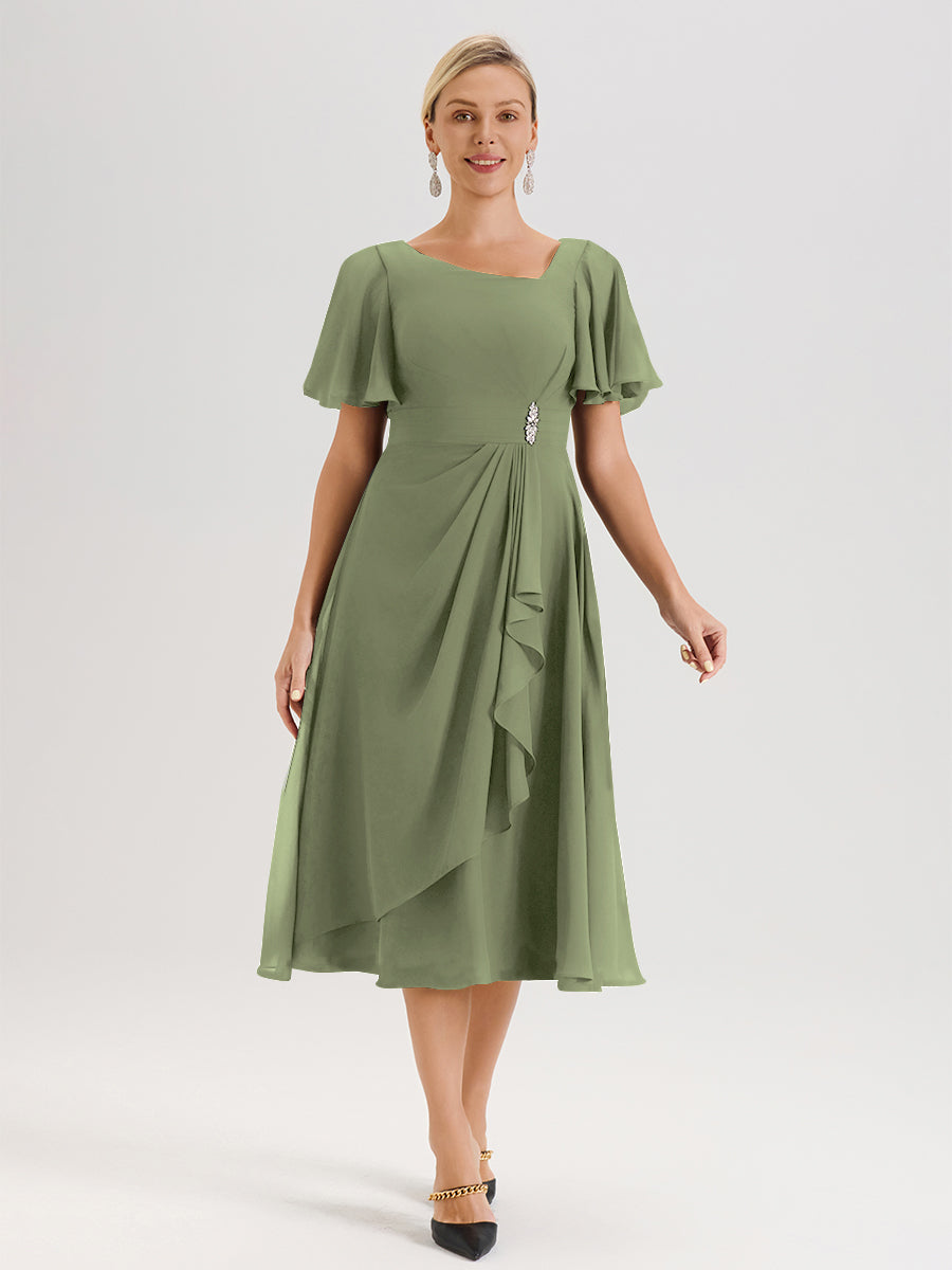 Cicinia Robe Mère De La Mariée Olive En Mousseline Avec Encolure Irrégulière Manches Courtes Longueur Mi-Mollet