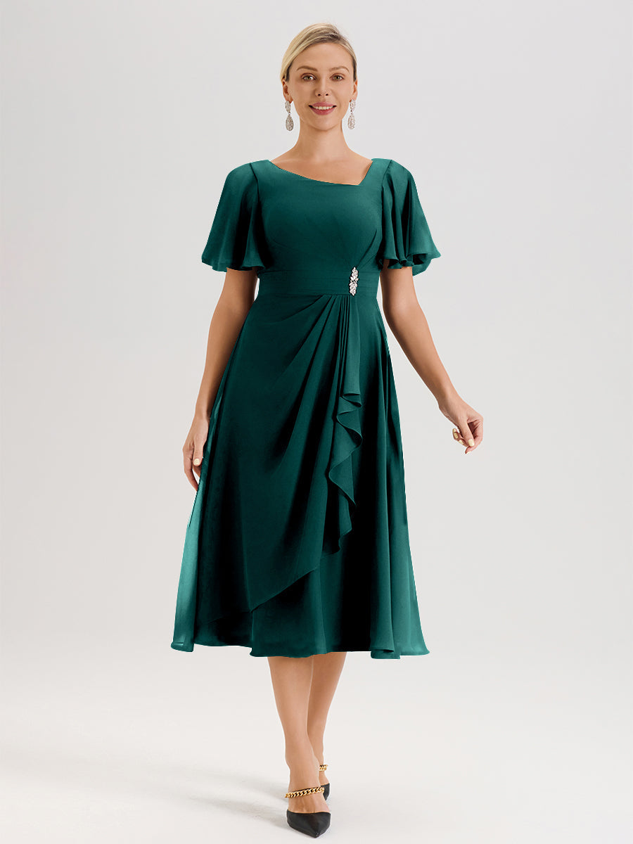 Cicinia Robe Mère De La Mariée Couleur Paon En Mousseline Avec Encolure Irrégulière Manches Courtes Longueur Mi-Mollet