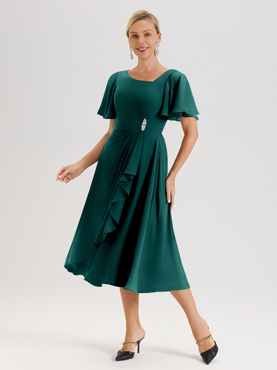 Cicinia Robe Mère De La Mariée Couleur Paon En Mousseline Avec Encolure Irrégulière Manches Courtes Longueur Mi-Mollet