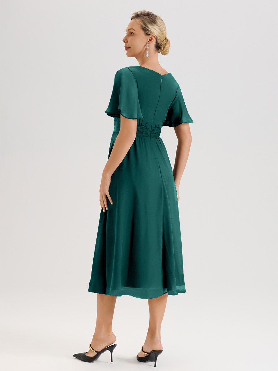 Cicinia Robe Mère De La Mariée Couleur Paon En Mousseline Avec Encolure Irrégulière Manches Courtes Longueur Mi-Mollet