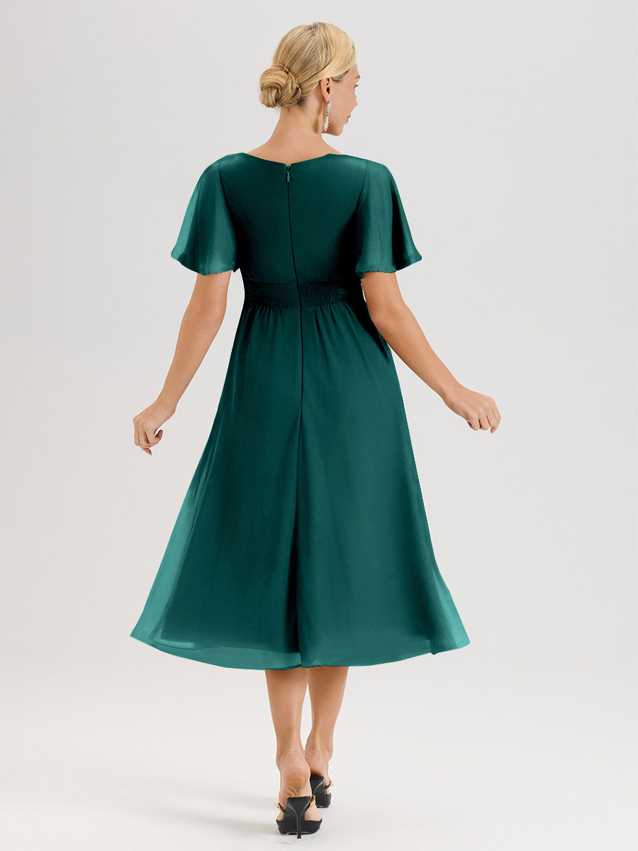 Cicinia Robe Mère De La Mariée Couleur Paon En Mousseline Avec Encolure Irrégulière Manches Courtes Longueur Mi-Mollet