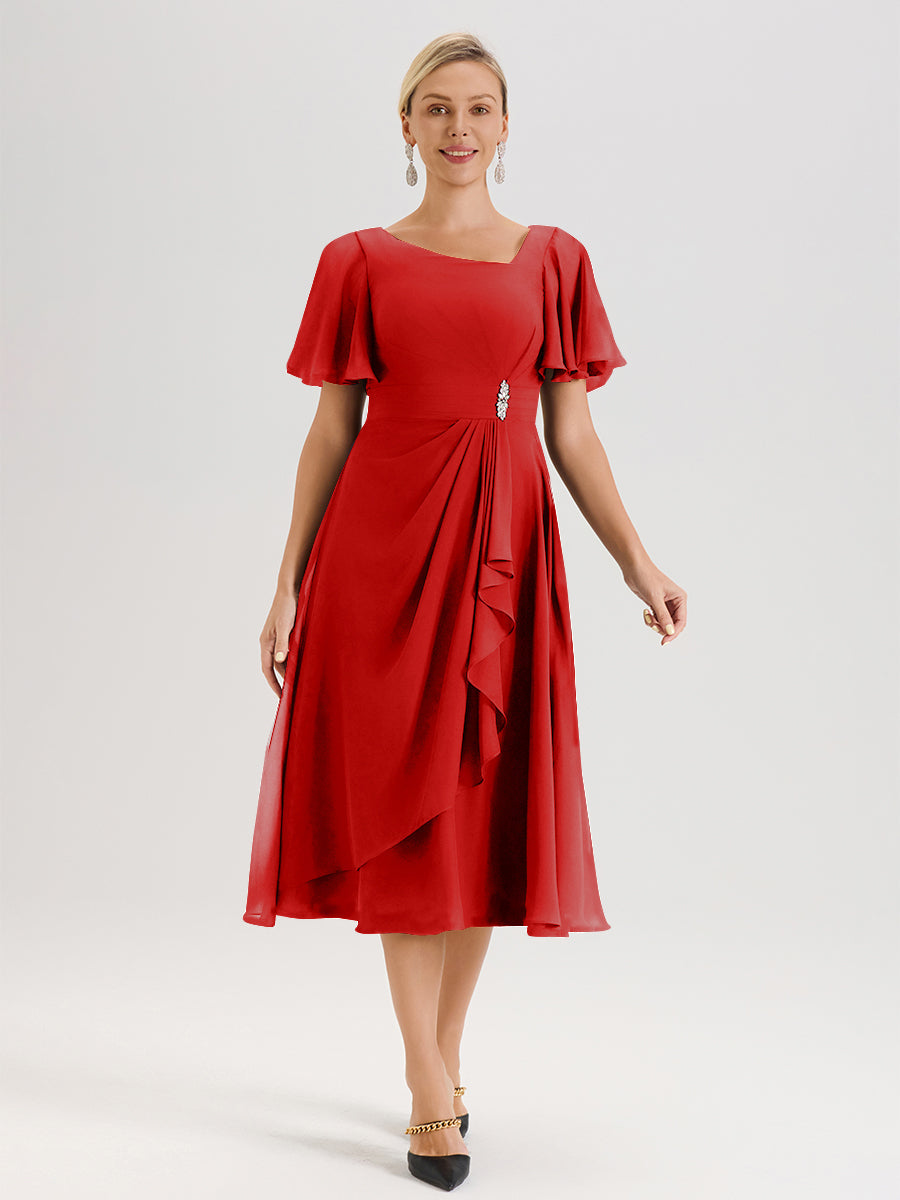 Cicinia Robe Mère De La Mariée Rouge En Mousseline Avec Encolure Irrégulière Manches Courtes Longueur Mi-Mollet