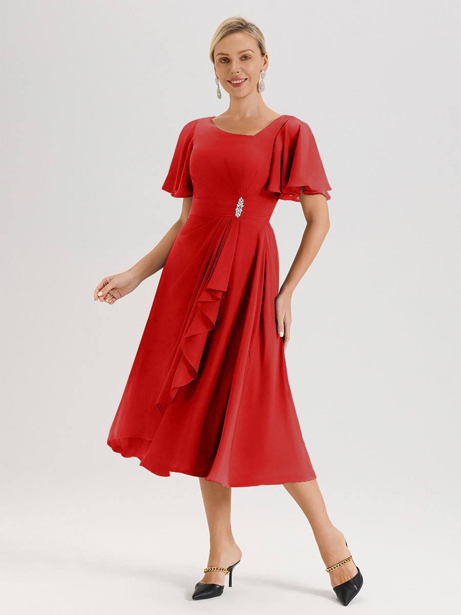 Cicinia Robe Mère De La Mariée Rouge En Mousseline Avec Encolure Irrégulière Manches Courtes Longueur Mi-Mollet