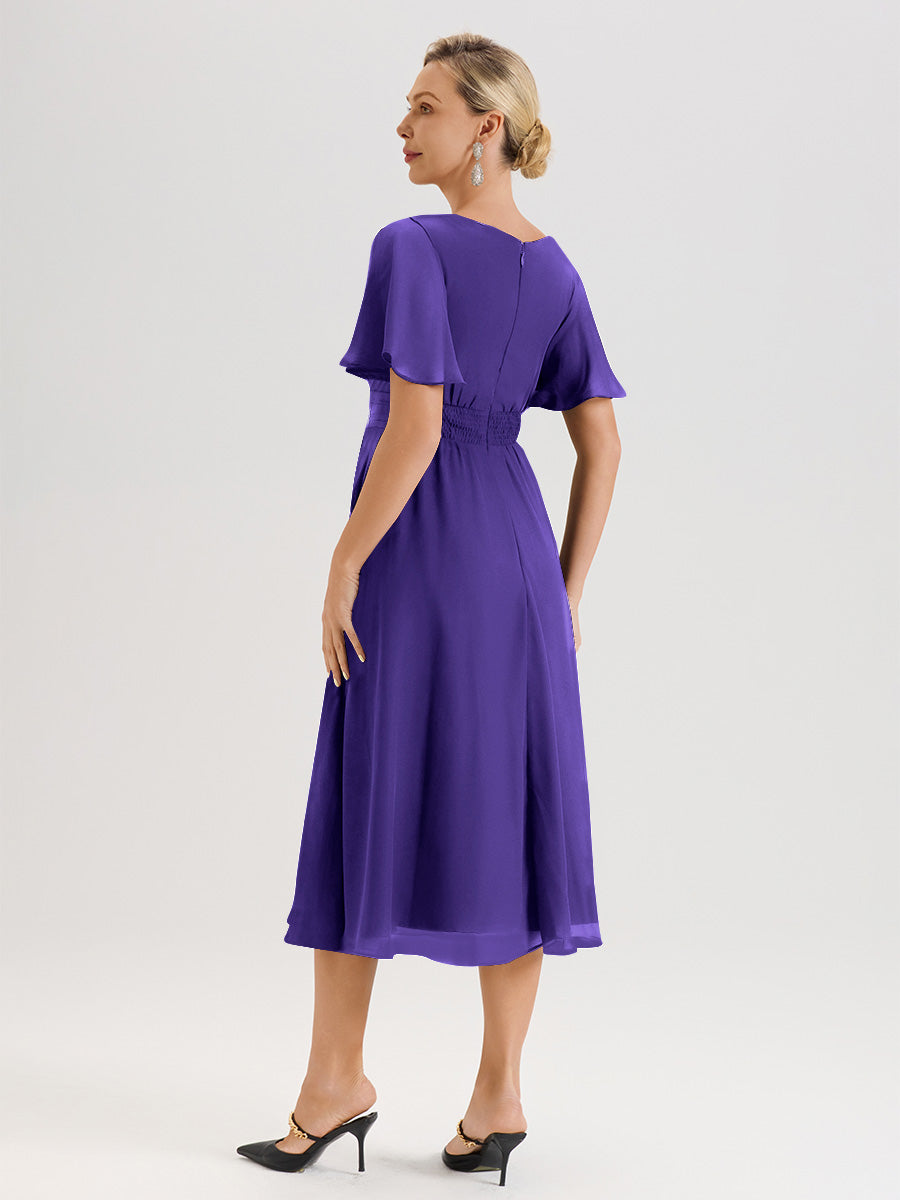 Cicinia Robe Mère De La Mariée En Régence En Mousseline Avec Encolure Irrégulière Manches Courtes Longueur Mi-Mollet