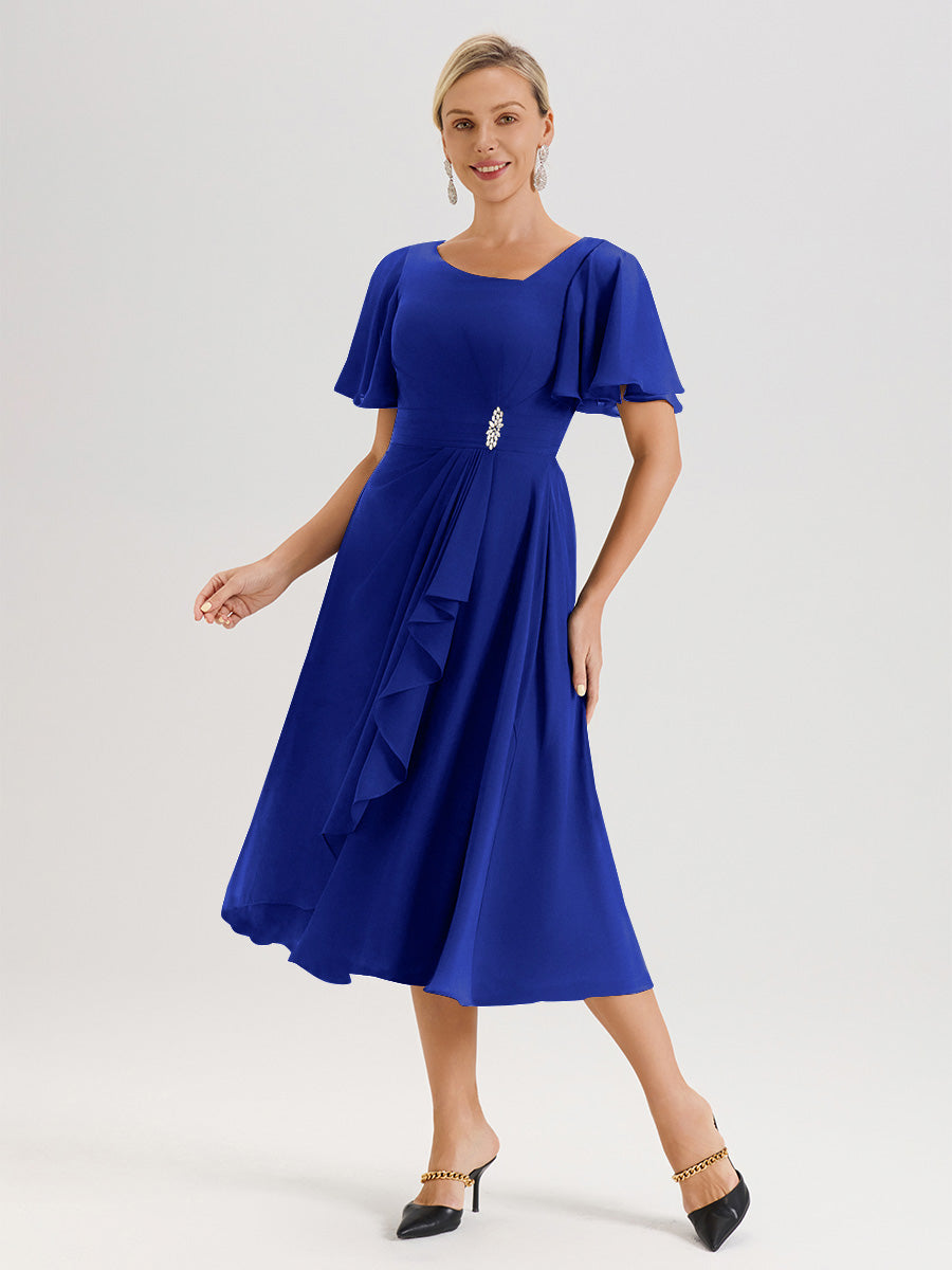 Cicinia Robe Mère De La Mariée Bleu Royal En Mousseline Avec Encolure Irrégulière Manches Courtes Longueur Mi-Mollet