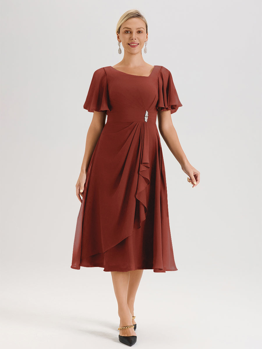 Cicinia Robe Mère De La Mariée Couleur Rouille En Mousseline Avec Encolure Irrégulière Manches Courtes Longueur Mi-Mollet
