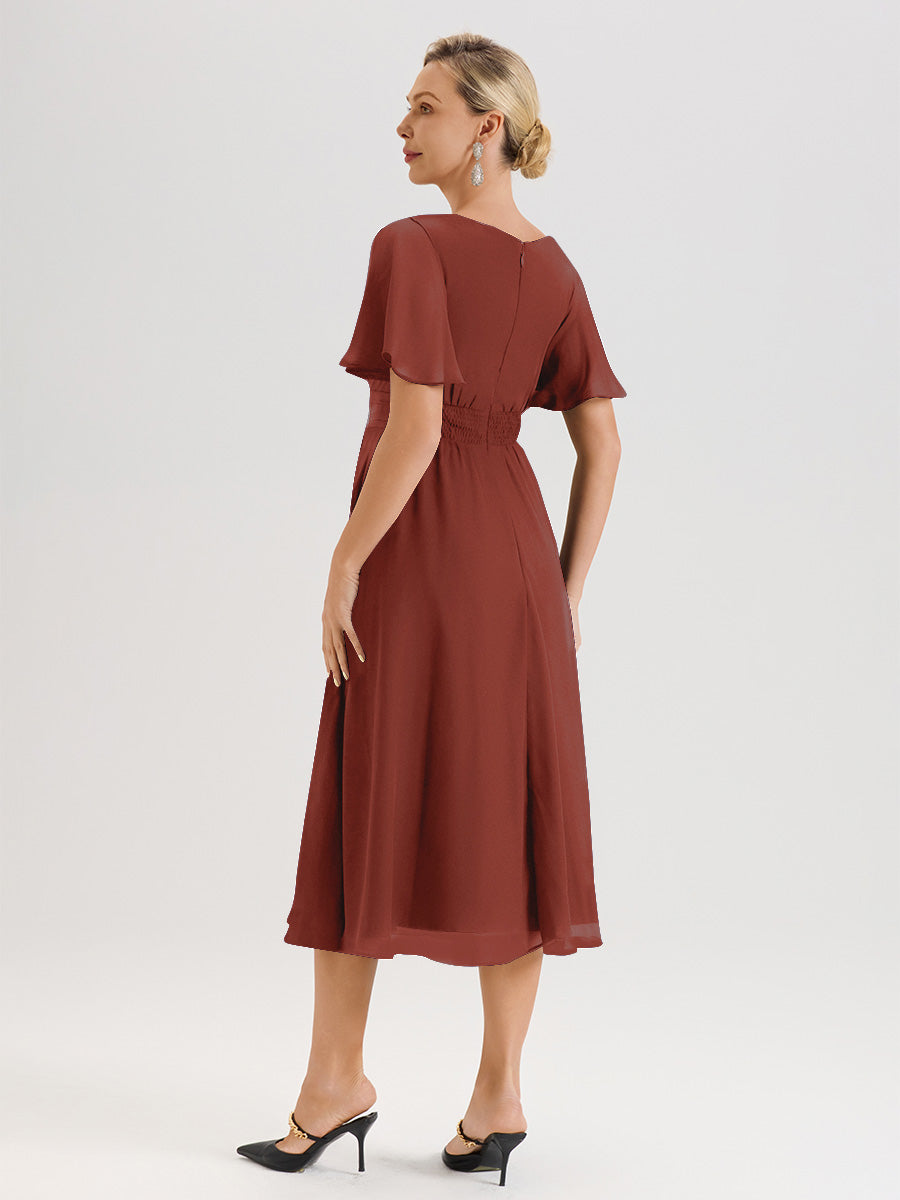 Cicinia Robe Mère De La Mariée Couleur Rouille En Mousseline Avec Encolure Irrégulière Manches Courtes Longueur Mi-Mollet