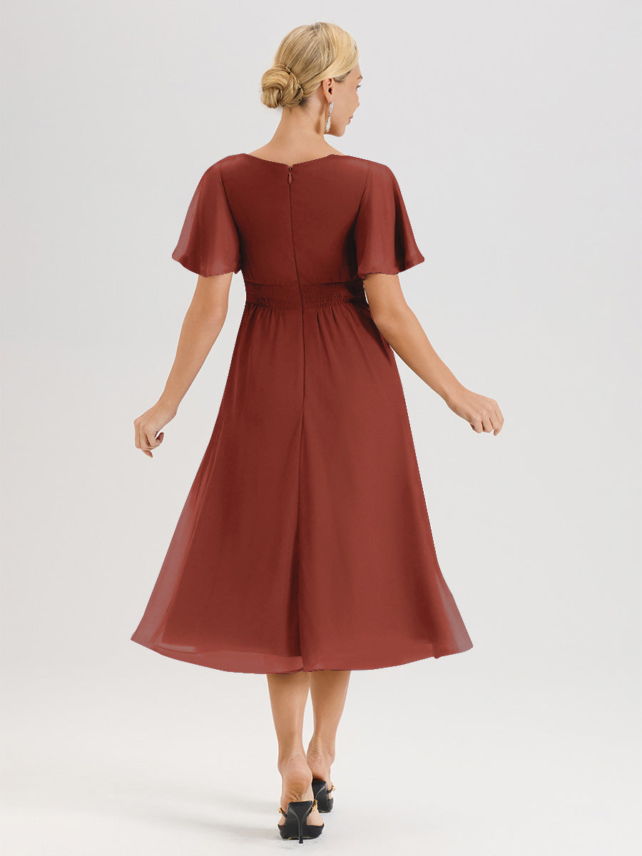 Cicinia Robe Mère De La Mariée Couleur Rouille En Mousseline Avec Encolure Irrégulière Manches Courtes Longueur Mi-Mollet