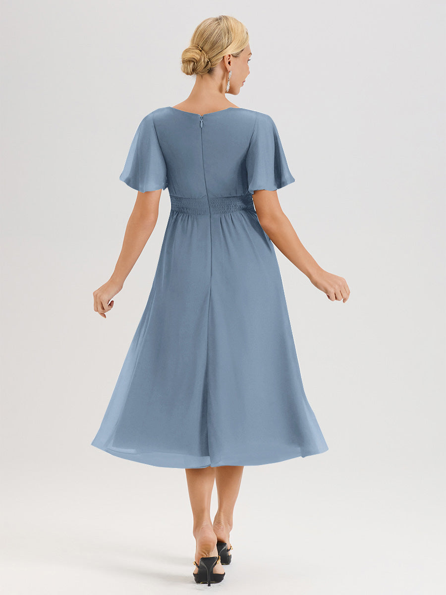 Cicinia Robe Mère De La Mariée Bleu De Schiste En Mousseline Avec Encolure Irrégulière Manches Courtes Longueur Mi-Mollet