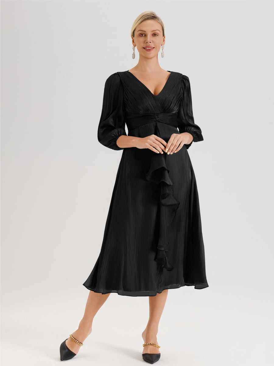 Cicinia Noir Robe Mère De La Mariée Décolleté En V Manches Trois-Quarts Longueur Mi-Mollet
