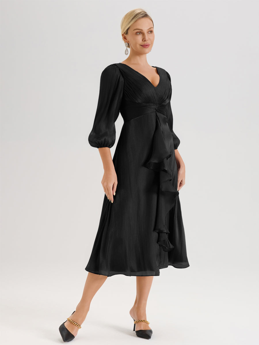 Cicinia Noir Robe Mère De La Mariée Décolleté En V Manches Trois-Quarts Longueur Mi-Mollet