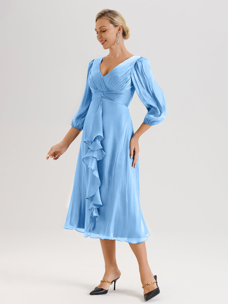 Cicinia Bleu Robe Mère De La Mariée Décolleté En V Manches Trois-Quarts Longueur Mi-Mollet