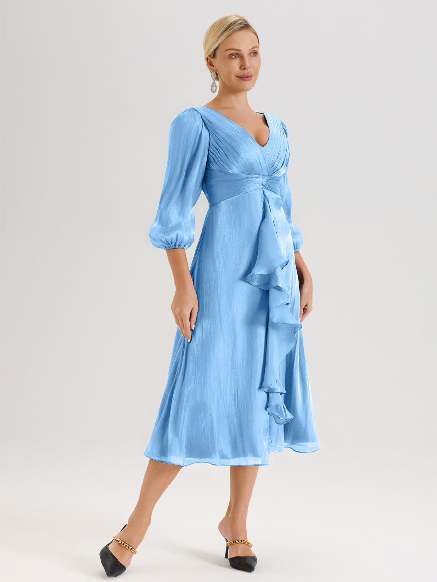 Cicinia Bleu Robe Mère De La Mariée Décolleté En V Manches Trois-Quarts Longueur Mi-Mollet