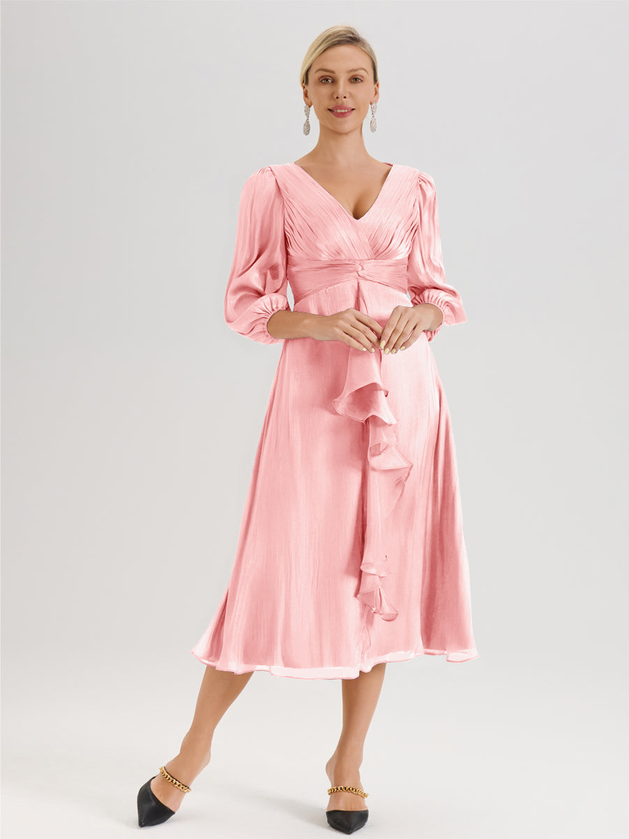 Cicinia Rose Robe Mère De La Mariée Décolleté En V Manches Trois-Quarts Longueur Mi-Mollet