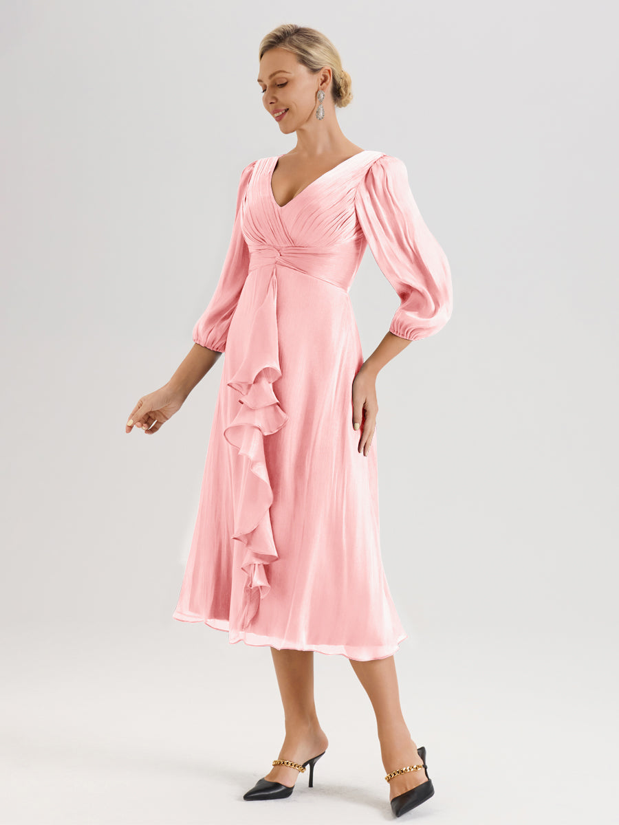 Cicinia Rose Robe Mère De La Mariée Décolleté En V Manches Trois-Quarts Longueur Mi-Mollet