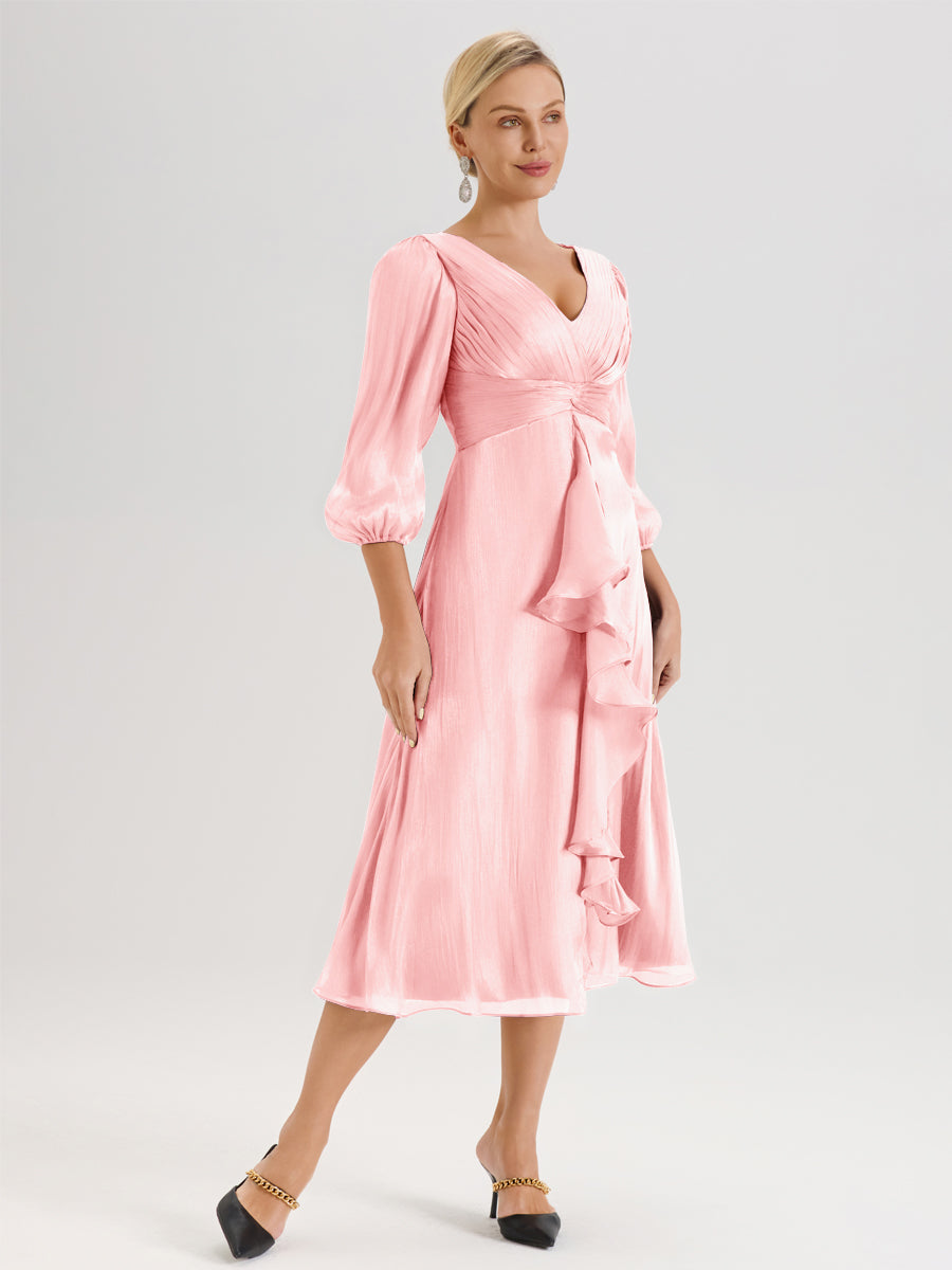 Cicinia Rose Robe Mère De La Mariée Décolleté En V Manches Trois-Quarts Longueur Mi-Mollet