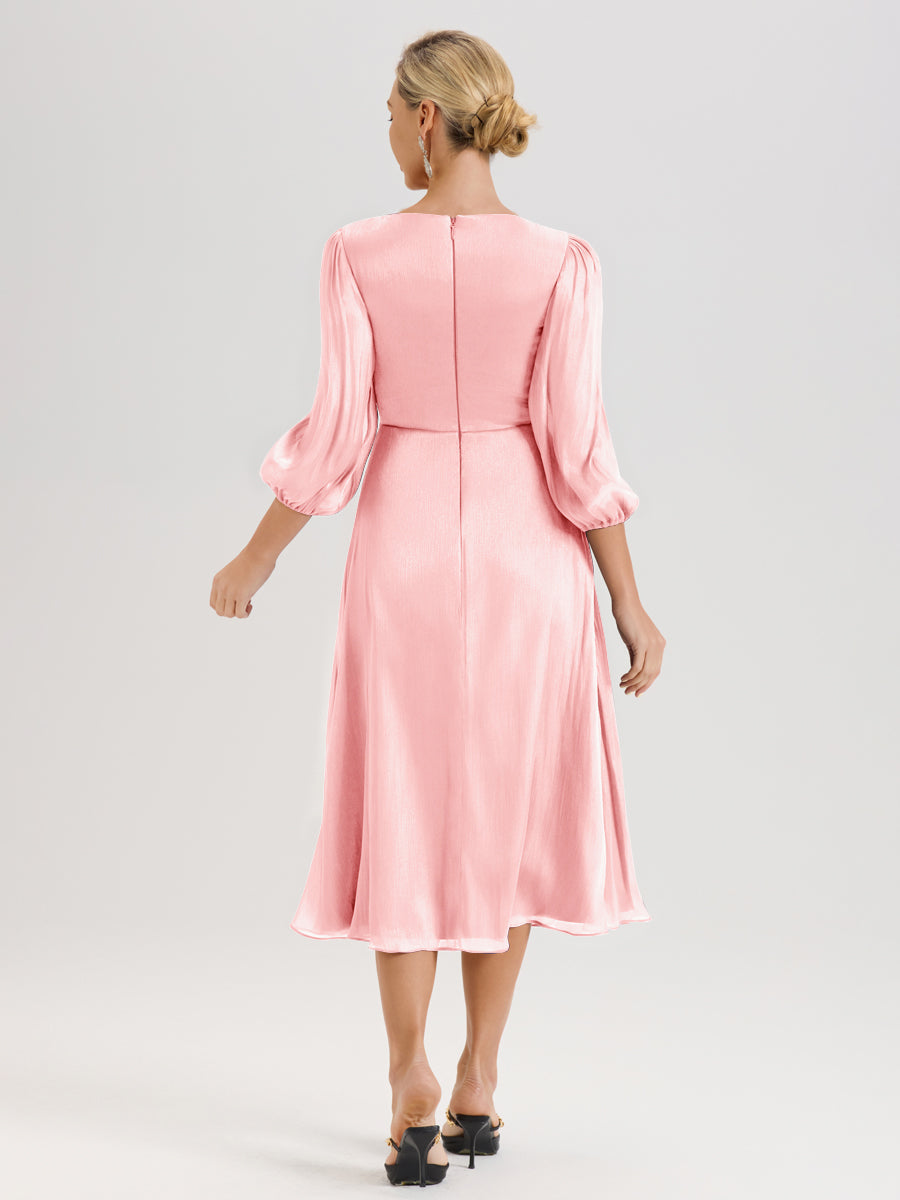 Cicinia Rose Robe Mère De La Mariée Décolleté En V Manches Trois-Quarts Longueur Mi-Mollet