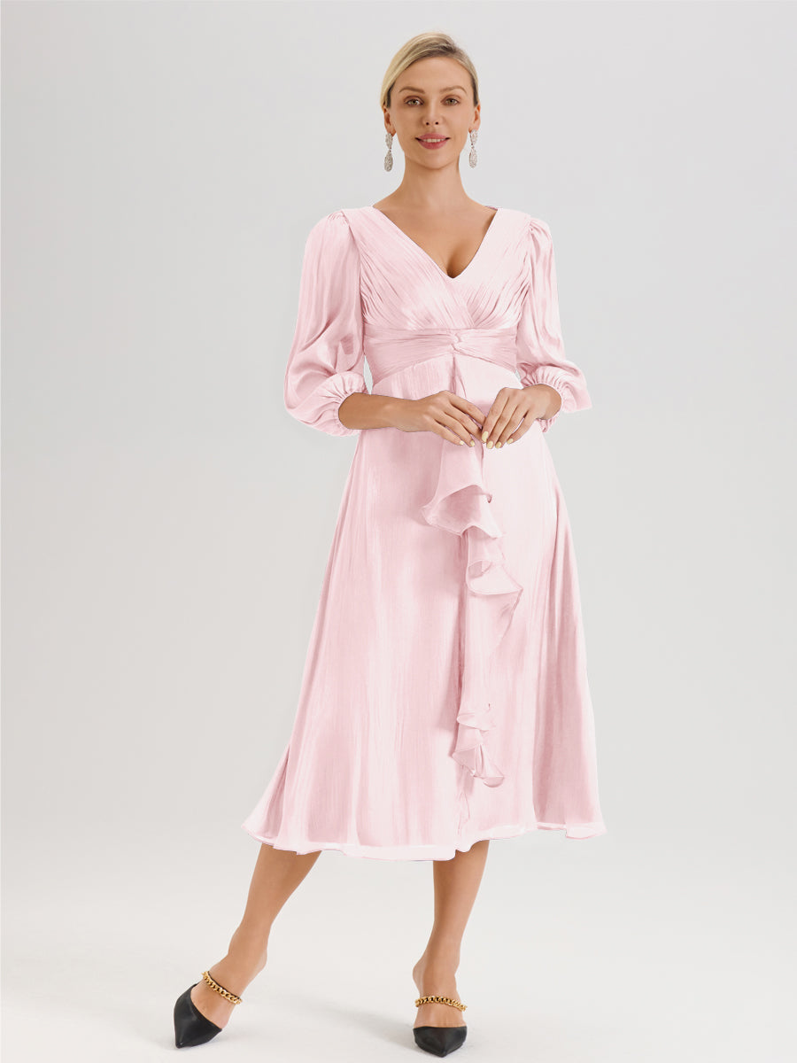 Cicinia Rose Pâle Robe Mère De La Mariée Décolleté En V Manches Trois-Quarts Longueur Mi-Mollet