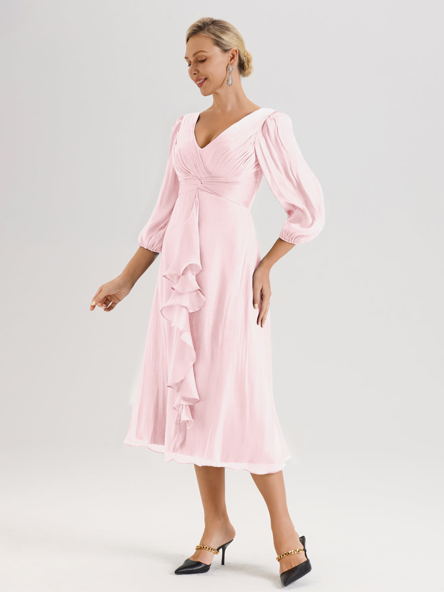 Cicinia Rose Pâle Robe Mère De La Mariée Décolleté En V Manches Trois-Quarts Longueur Mi-Mollet