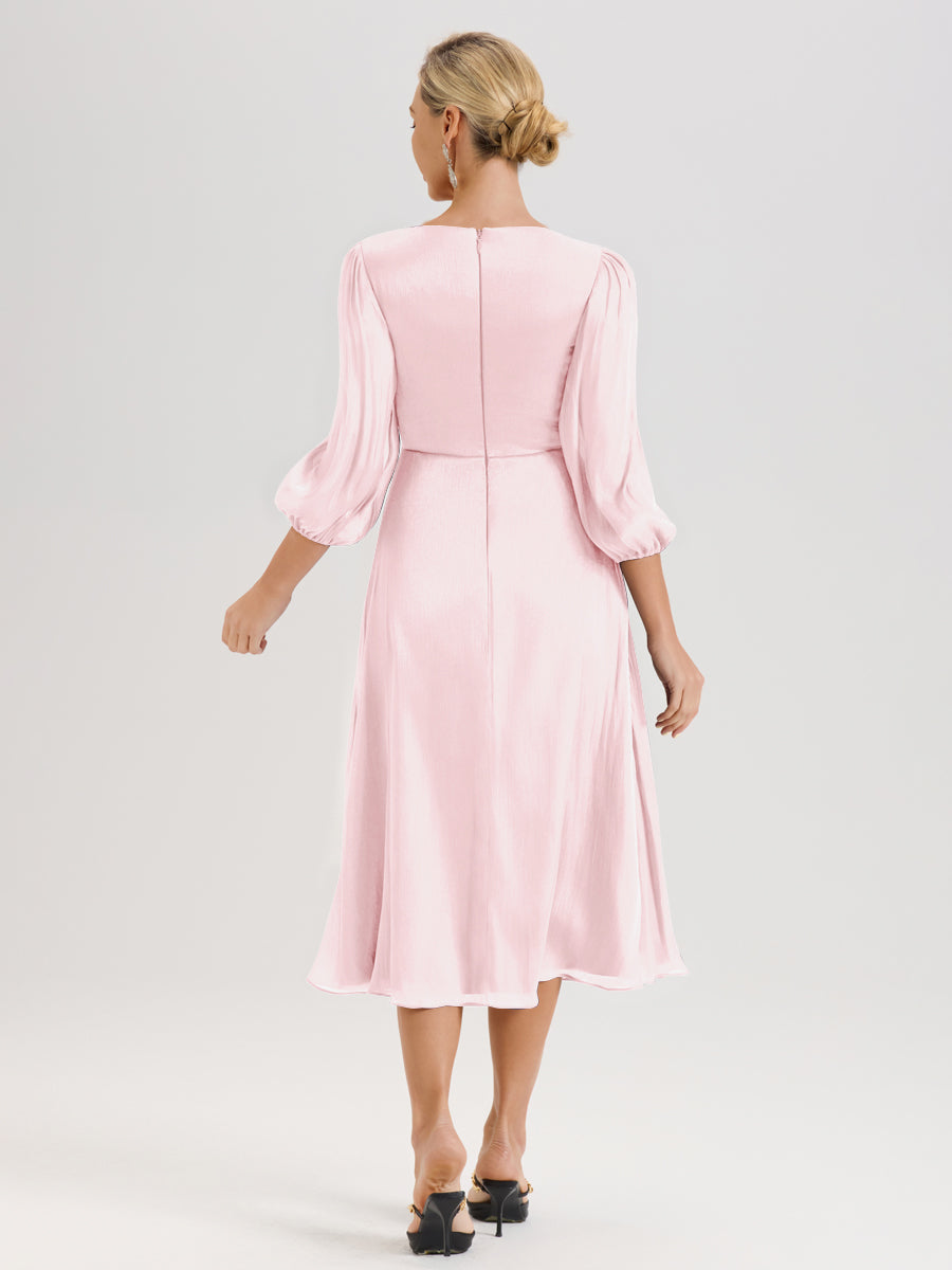 Cicinia Rose Pâle Robe Mère De La Mariée Décolleté En V Manches Trois-Quarts Longueur Mi-Mollet