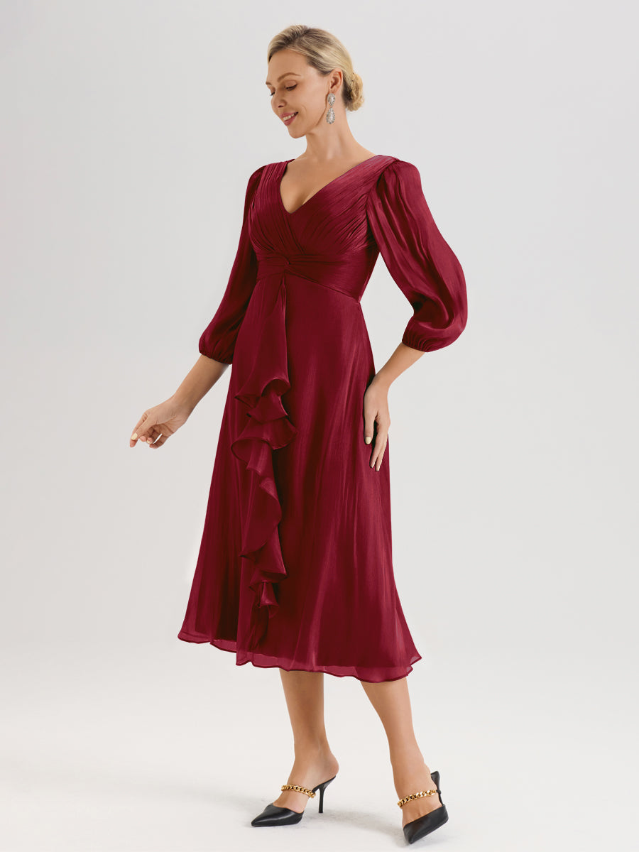 Cicinia Bordeaux Robe Mère De La Mariée Décolleté En V Manches Trois-Quarts Longueur Mi-Mollet