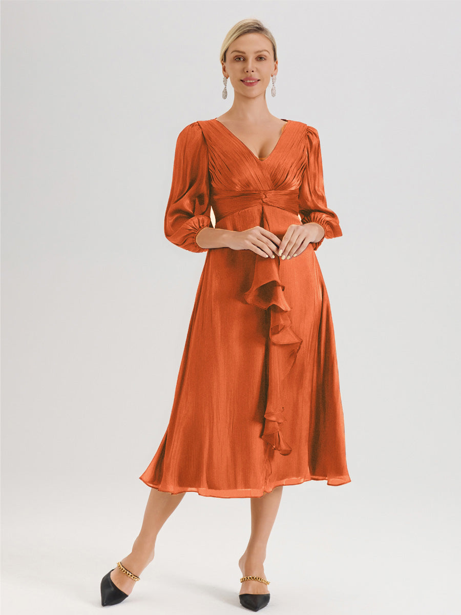 Cicinia Orange brûlé Robe Mère De La Mariée Décolleté En V Manches Trois-Quarts Longueur Mi-Mollet