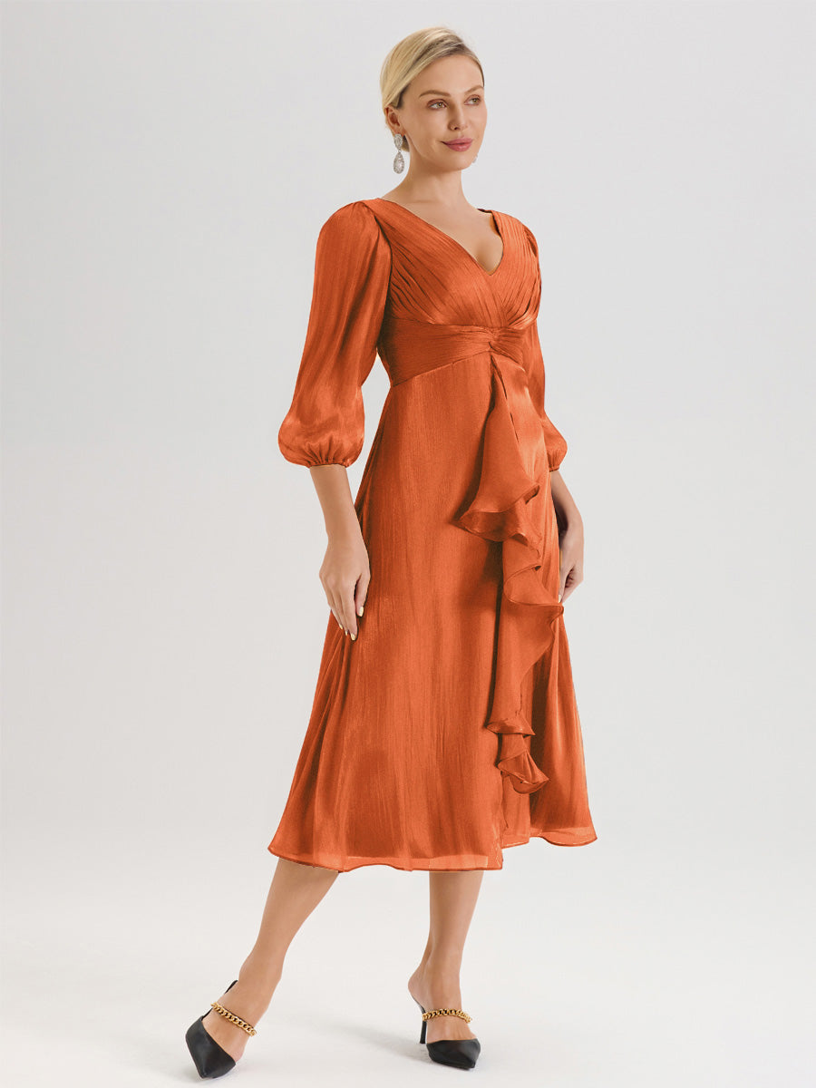 Cicinia Orange brûlé Robe Mère De La Mariée Décolleté En V Manches Trois-Quarts Longueur Mi-Mollet