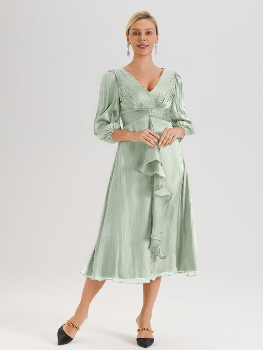 Cicinia Celadon Robe Mère De La Mariée Décolleté En V Manches Trois-Quarts Longueur Mi-Mollet
