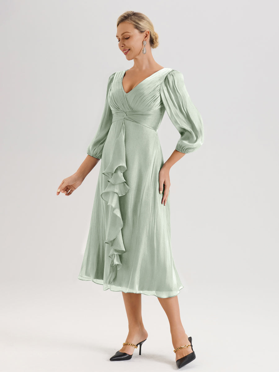 Cicinia Celadon Robe Mère De La Mariée Décolleté En V Manches Trois-Quarts Longueur Mi-Mollet