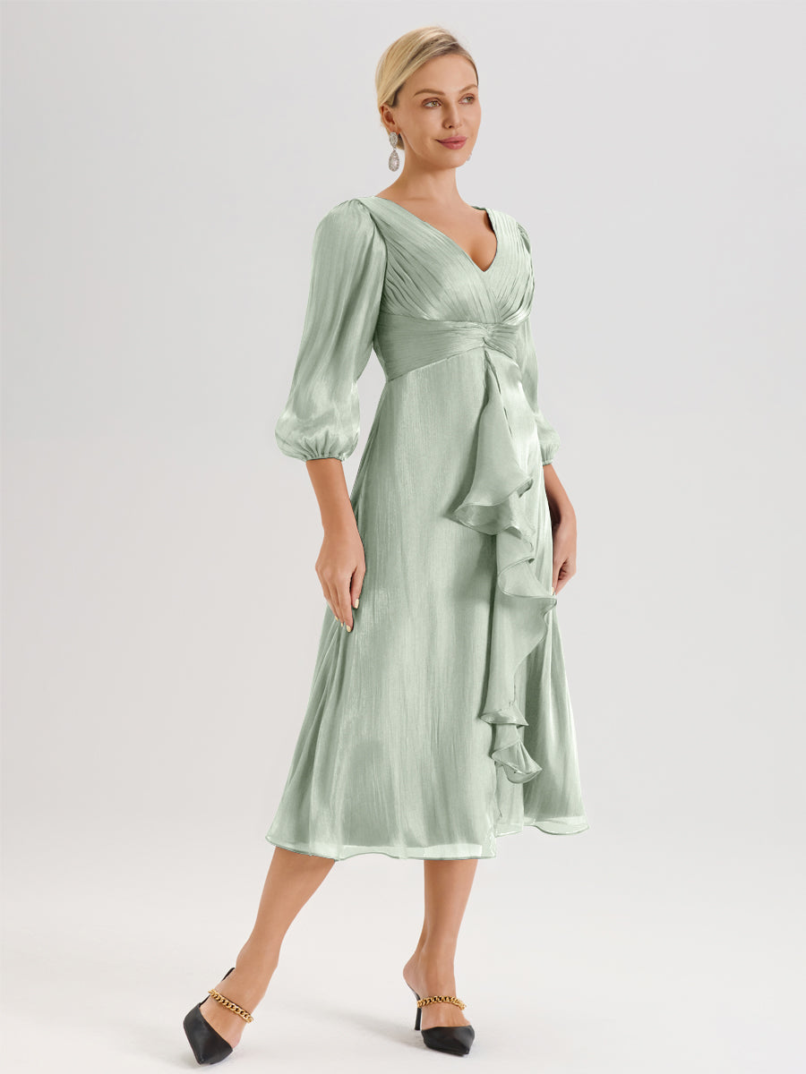Cicinia Celadon Robe Mère De La Mariée Décolleté En V Manches Trois-Quarts Longueur Mi-Mollet