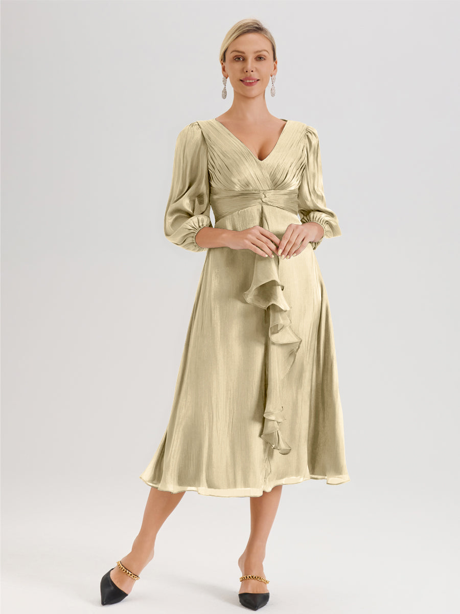 Cicinia Champagne Robe Mère De La Mariée Décolleté En V Manches Trois-Quarts Longueur Mi-Mollet