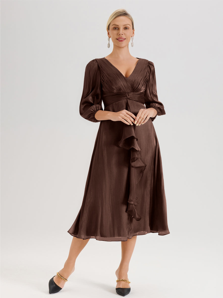 Cicinia Chocolat Robe Mère De La Mariée Décolleté En V Manches Trois-Quarts Longueur Mi-Mollet