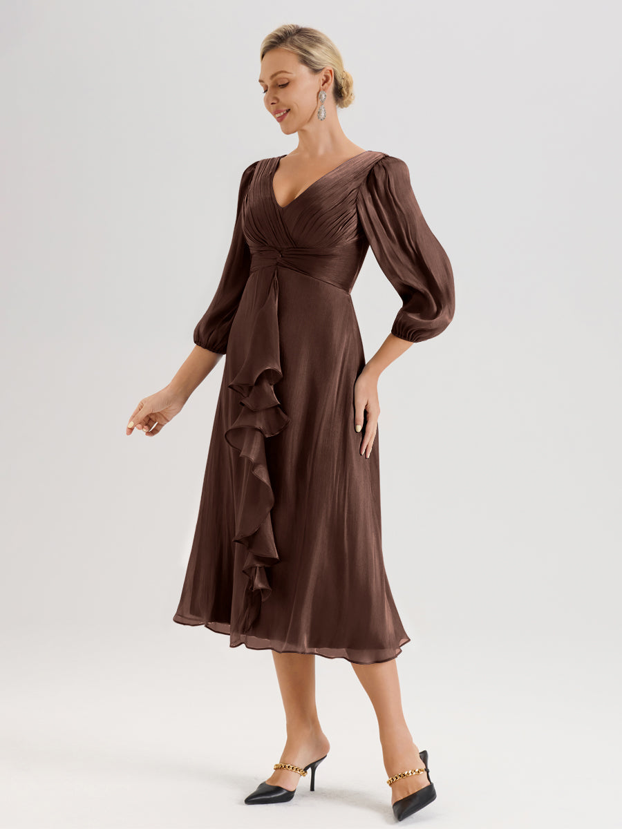 Cicinia Chocolat Robe Mère De La Mariée Décolleté En V Manches Trois-Quarts Longueur Mi-Mollet