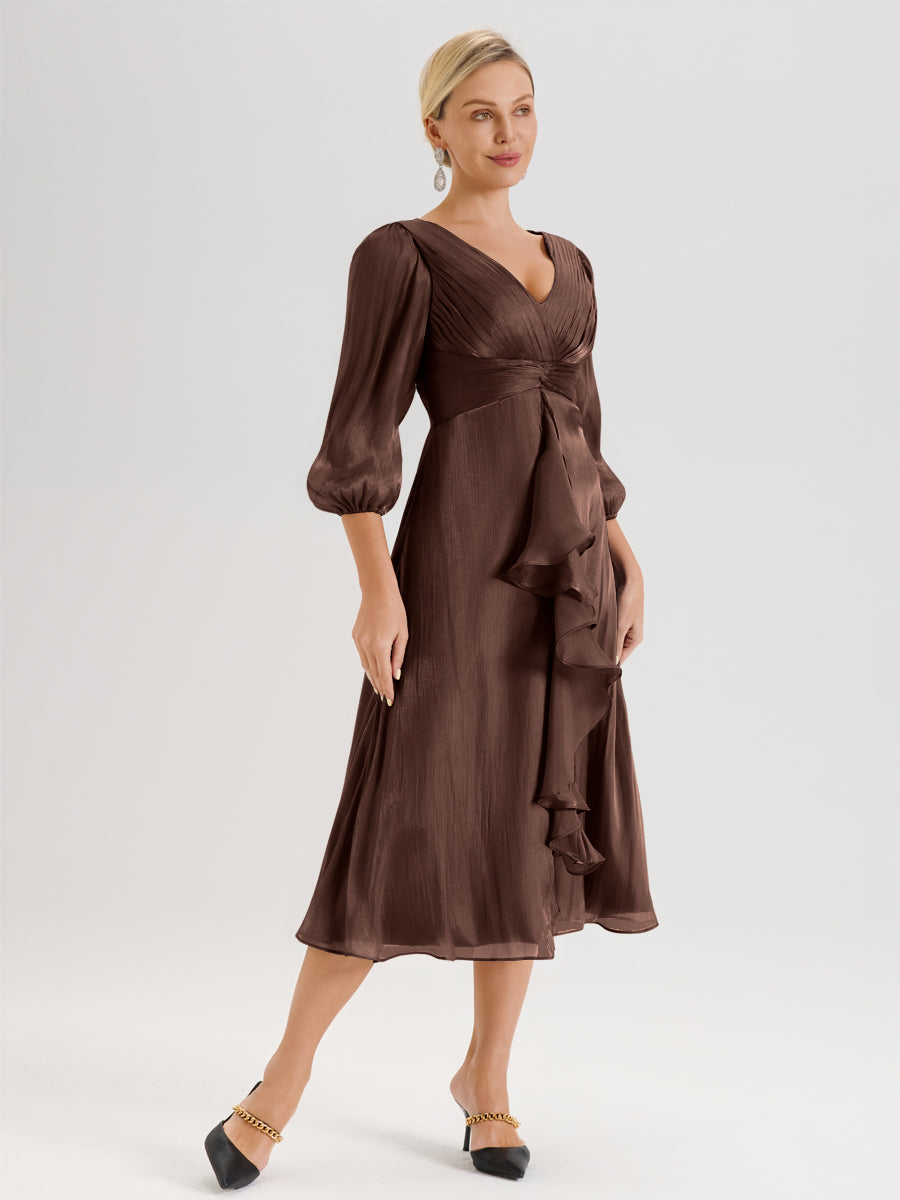 Cicinia Chocolat Robe Mère De La Mariée Décolleté En V Manches Trois-Quarts Longueur Mi-Mollet