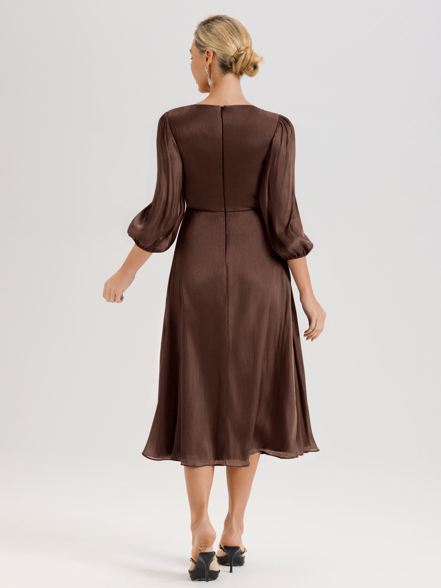 Cicinia Chocolat Robe Mère De La Mariée Décolleté En V Manches Trois-Quarts Longueur Mi-Mollet