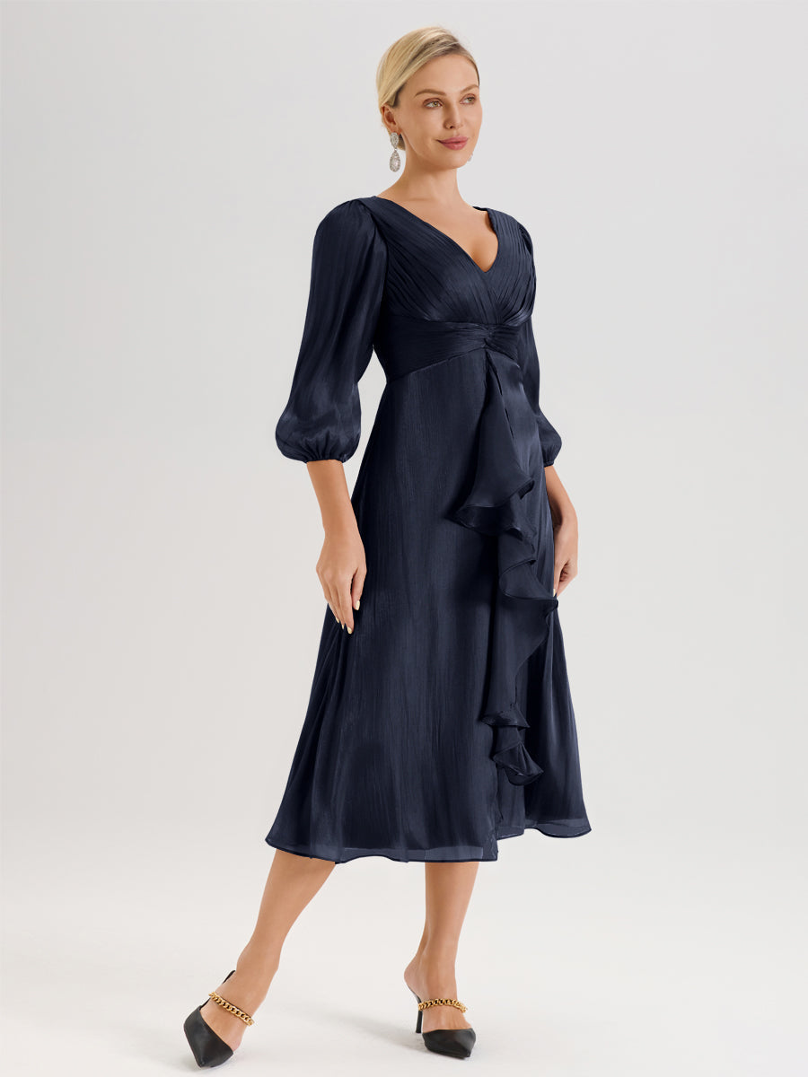 Cicinia Bleu Marine Robe Mère De La Mariée Longueur Mi-Mollet Décolleté En V Manches Trois-Quarts Longueur