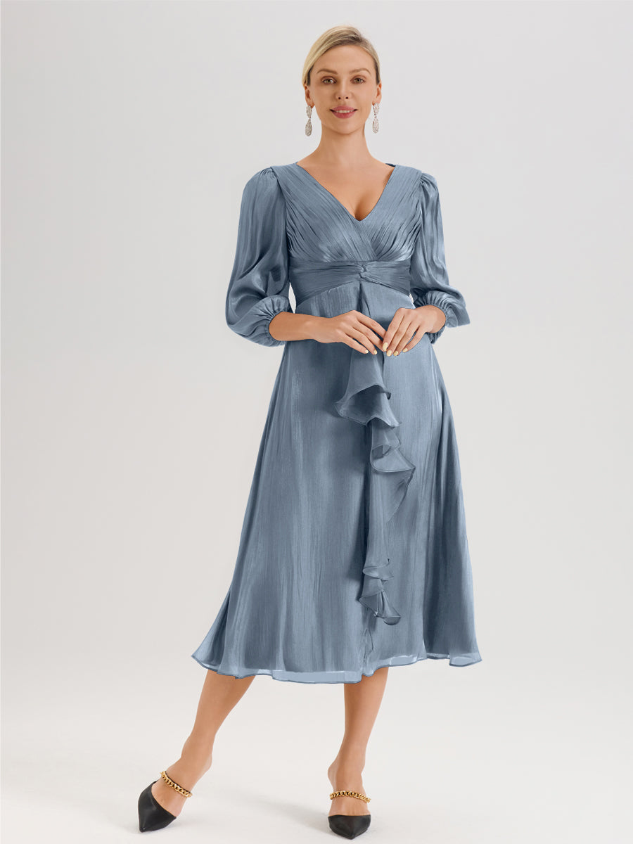 Cicinia Bleu Poudré Robe Mère De La Mariée Décolleté En V Manches Trois-Quarts Longueur Mi-Mollet