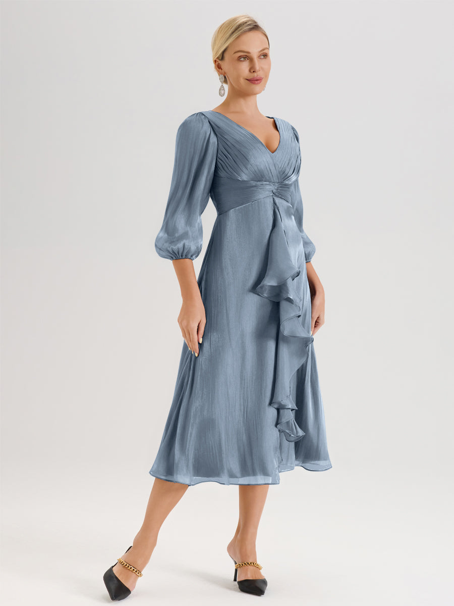 Cicinia Bleu Poudré Robe Mère De La Mariée Décolleté En V Manches Trois-Quarts Longueur Mi-Mollet