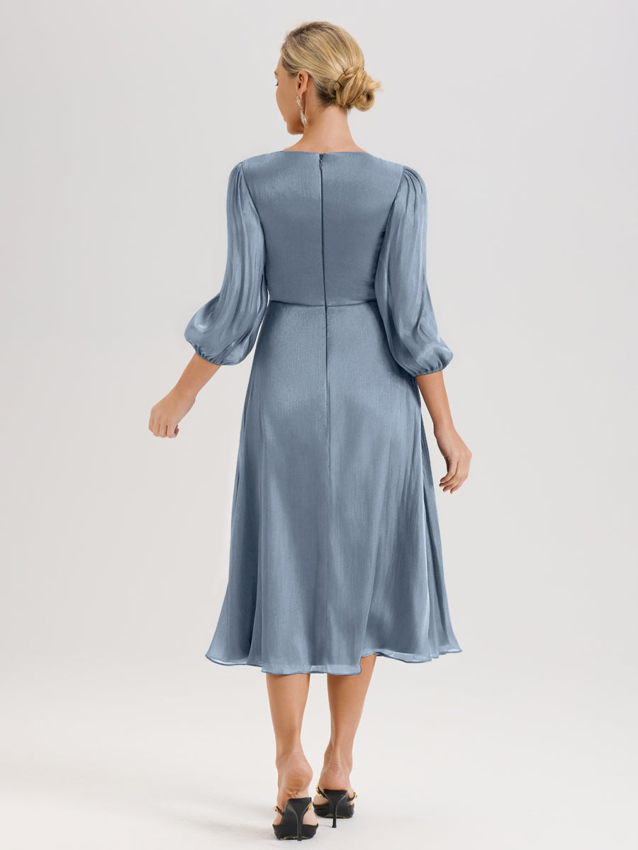 Cicinia Bleu Poudré Robe Mère De La Mariée Décolleté En V Manches Trois-Quarts Longueur Mi-Mollet