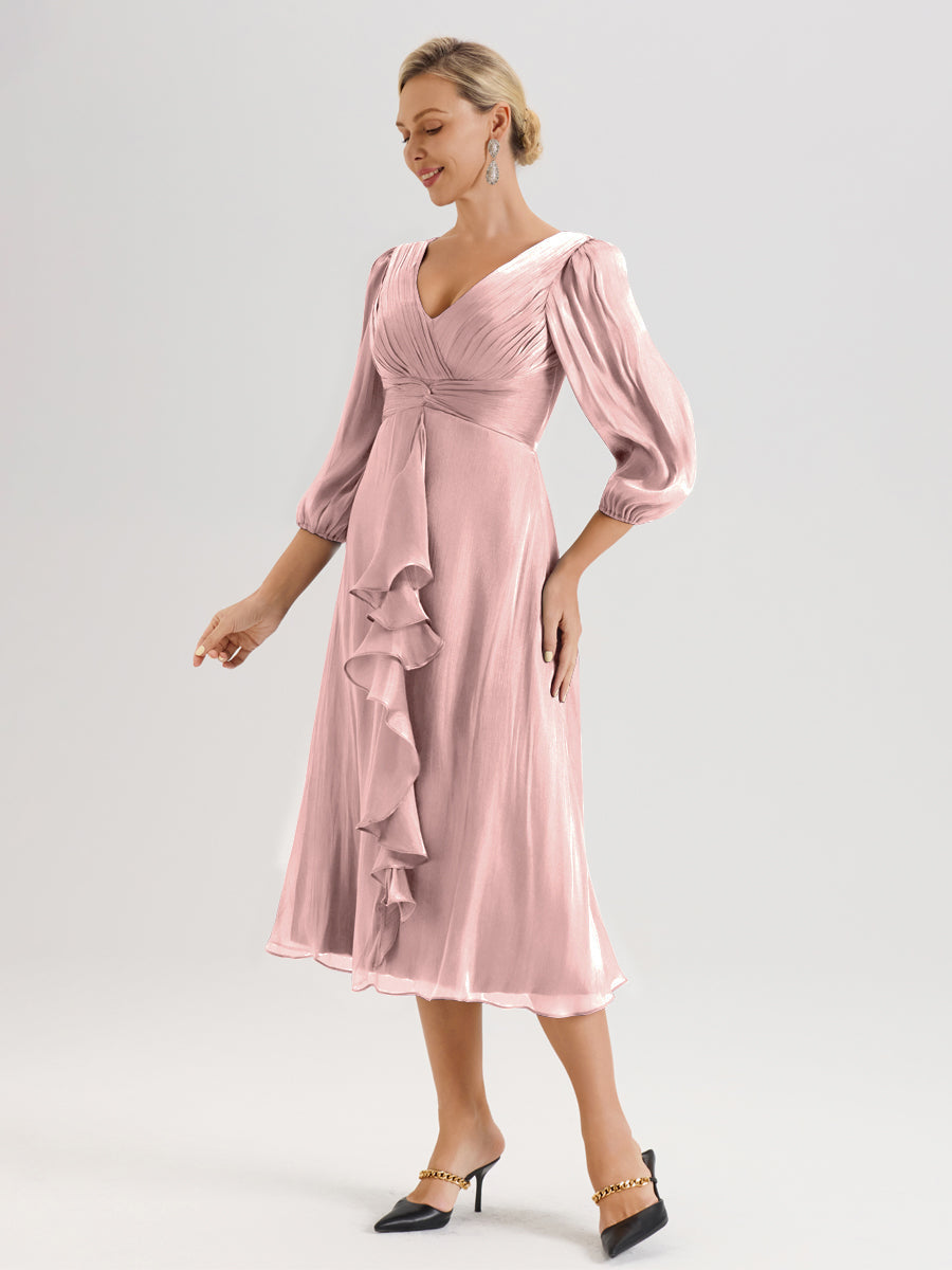 Cicinia Rose Poudré Robe Mère De La Mariée Décolleté En V Manches Trois-Quarts Longueur Mi-Mollet