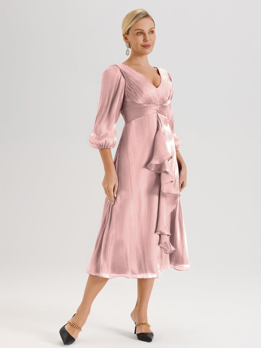 Cicinia Rose Poudré Robe Mère De La Mariée Décolleté En V Manches Trois-Quarts Longueur Mi-Mollet